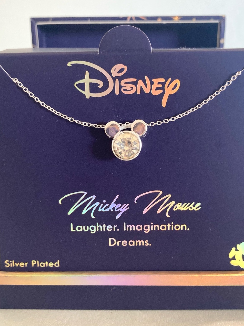 Disney new in box Silver Tone Mickey Mouse Crystal Pendant Necklace jewelry